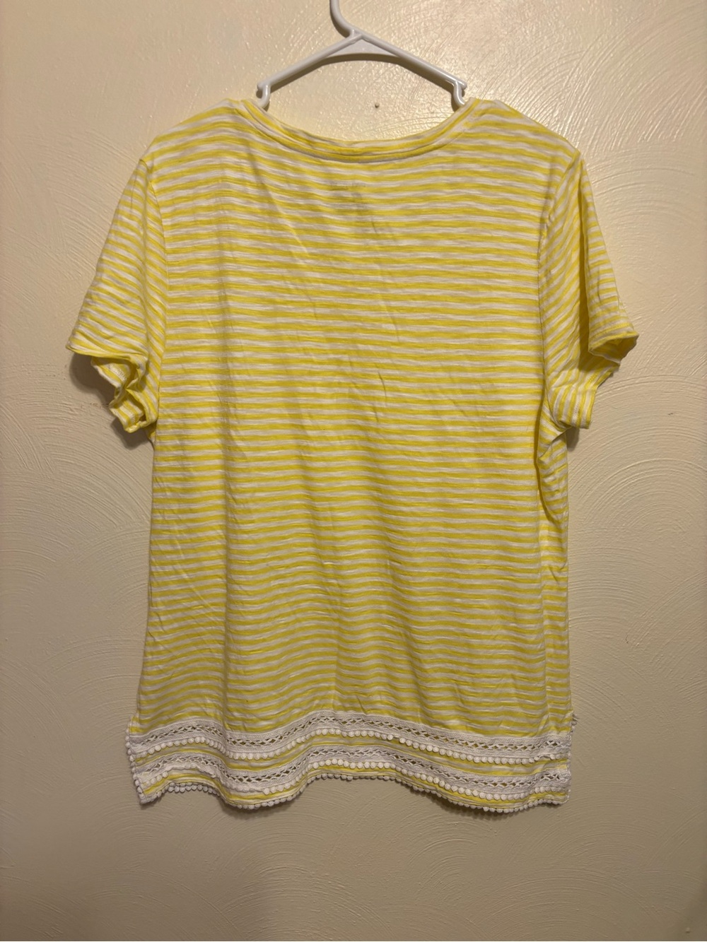 Talbots XL Yellow White Striped Lace Trim Tee Crochet Hem Soft Cotton Modal Top - Picture 7 of 7